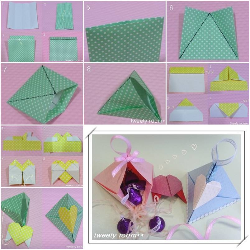 DIY Origami Triangle Heart Lock Gift Box