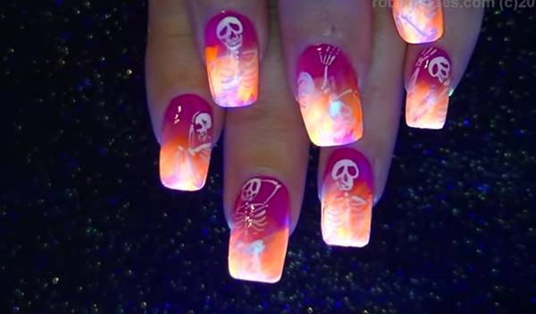 40+ Spooky and Creative DIY Halloween Nail Art Ideas --> Neon Skeletons Halloween Nails