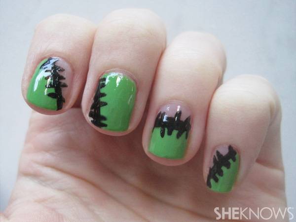 40+ Spooky and Creative DIY Halloween Nail Art Ideas --> Frankenstein Fingers