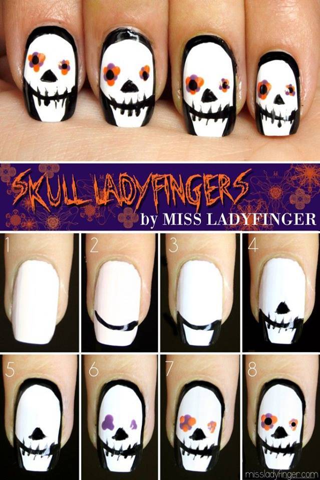 40+ Spooky and Creative DIY Halloween Nail Art Ideas --> Skull Nail Art