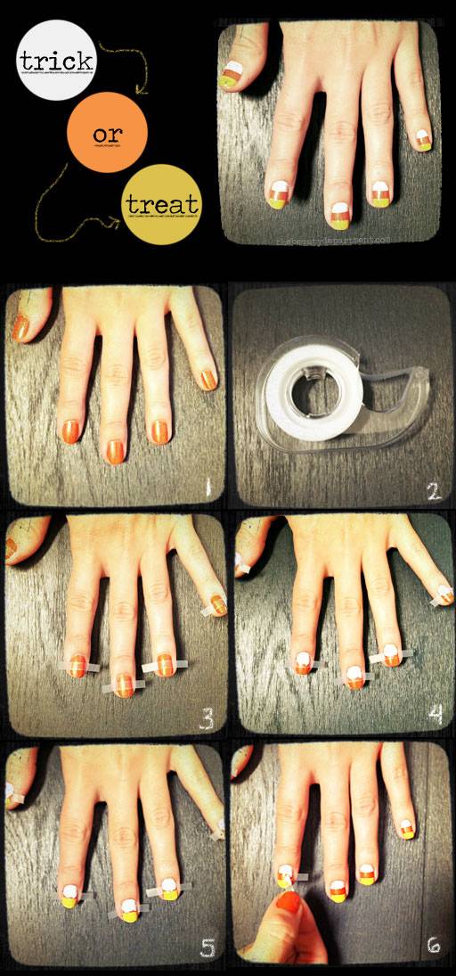 40+ Spooky and Creative DIY Halloween Nail Art Ideas --> Candy Corn Manicure