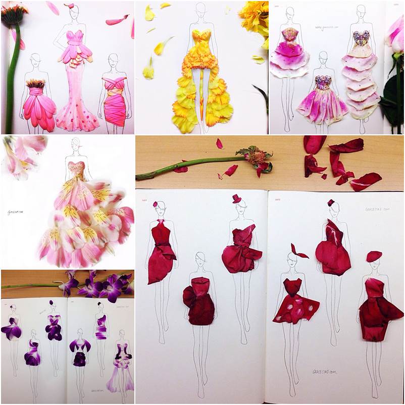 Creative Fashion Design Sketches Using Real Flower Petals