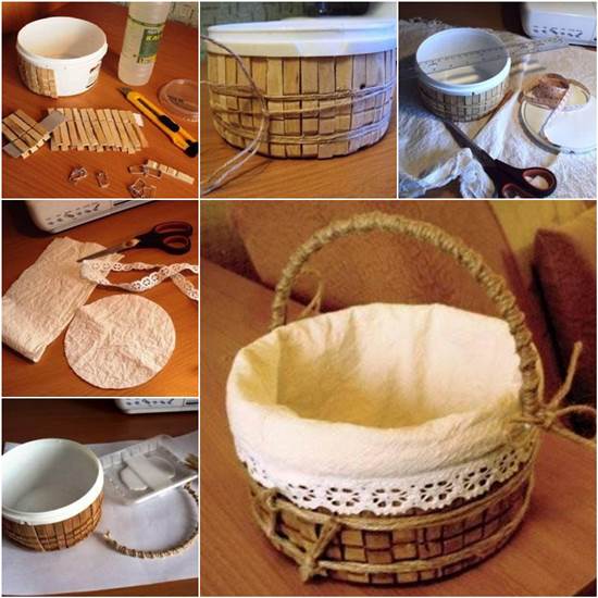 How to DIY Storage Basket from Recycled Plastic Container and Clothespins