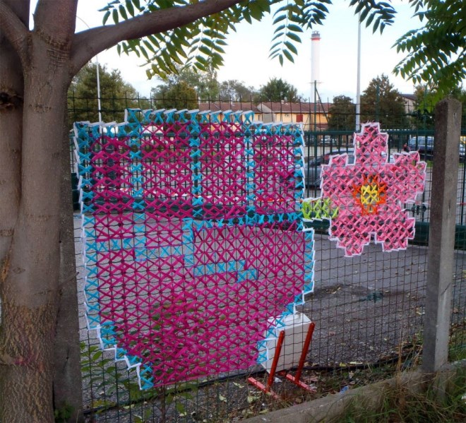 Creative Street Art Cross Stitch Murals on Fences 8