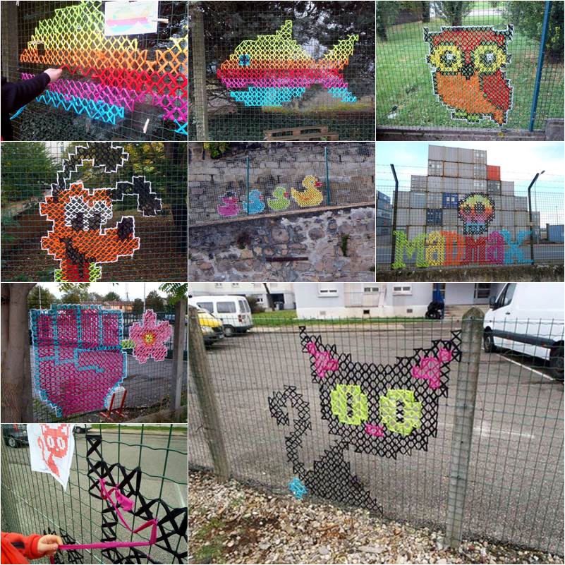 Creative Street Art Cross Stitch Murals on Fences thumb
