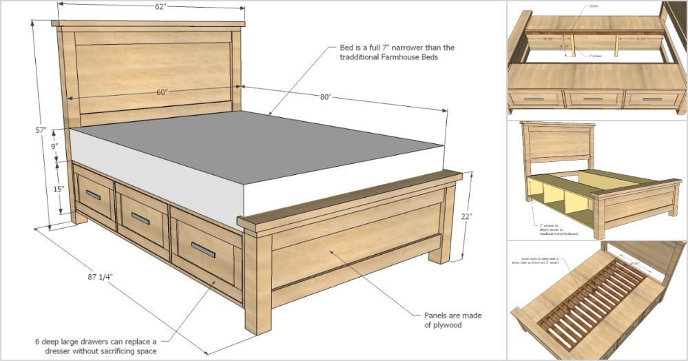 Farmhouse Storage Bed With Drawers, Build King Size Platform Bed With Drawers